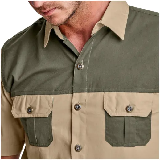 Mens Short Sleeve Serengeti 2-Tone Bush Shirt Stone Military Green Close Up